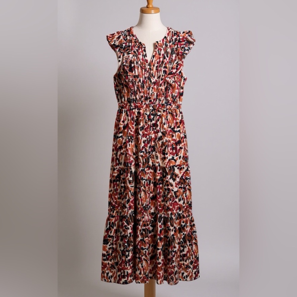 THML Tiered Sleeveless Midi Dress Abstract Print Red Orange Pink M